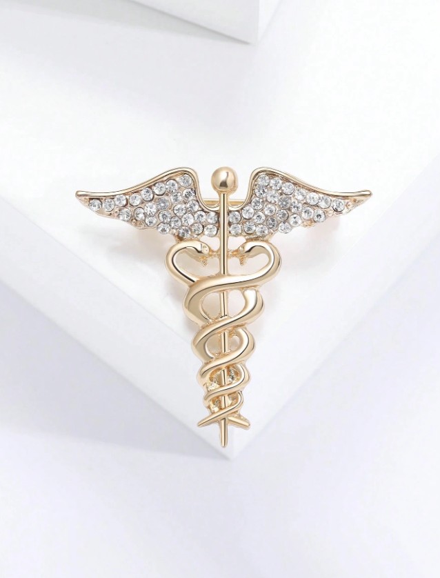 Rhinestone Caduceus Brooch - Gold